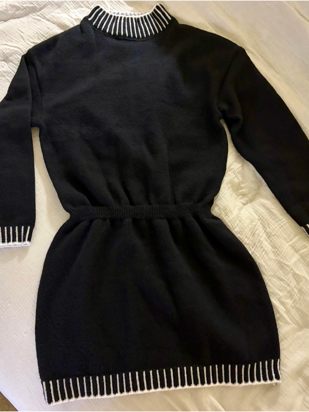 Black Knit Waist-Accent Sweater Dress with Contrast Trim